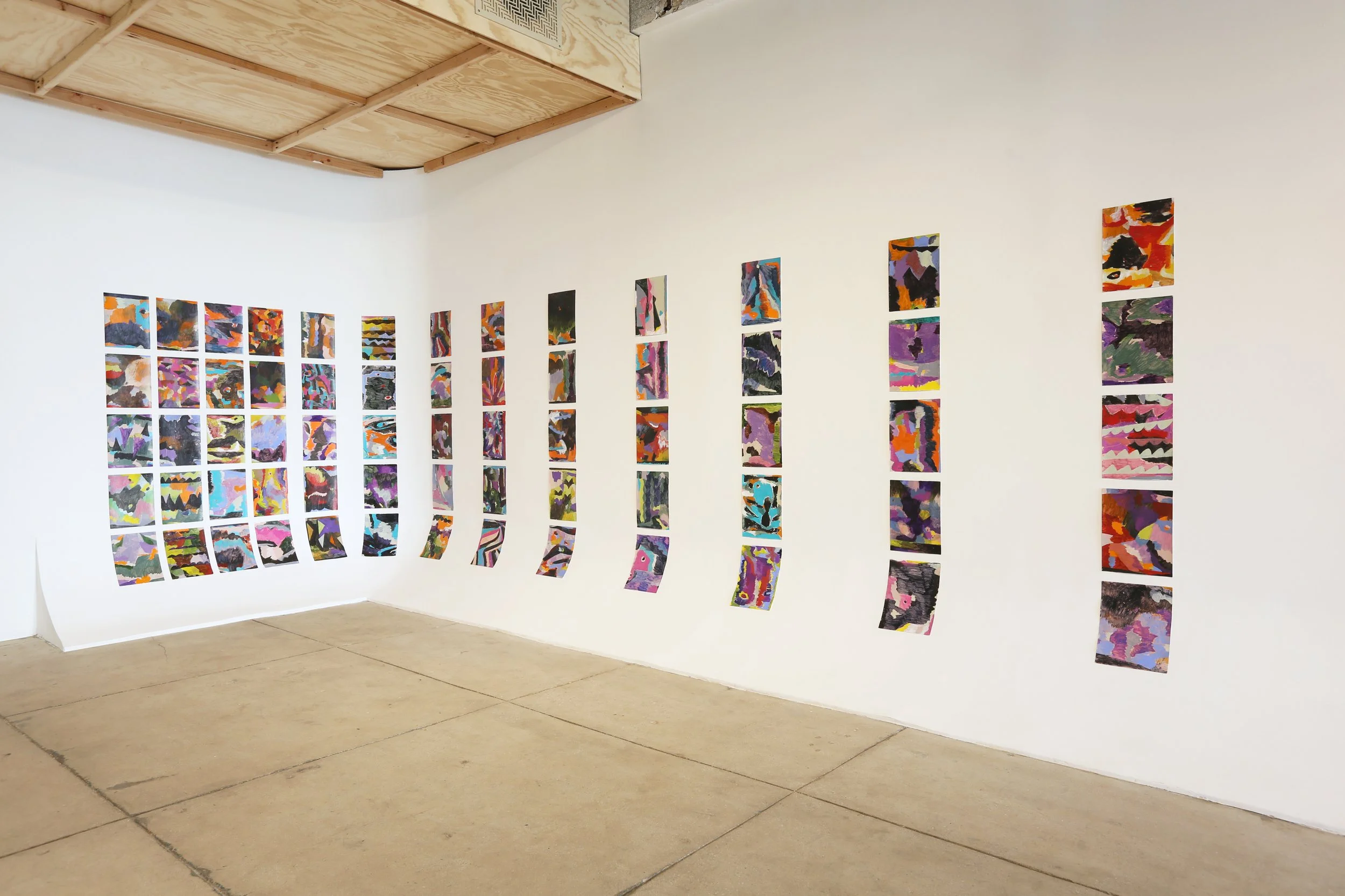 Frantz Jean-Baptiste. Poems (2025-2026). Acrylic and automotive paint on paper. 12 x 9 inches. [Grid: 65 individual pieces. Inquire for individual titles.]