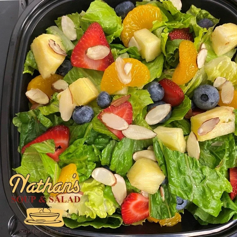 What's cool, crisp and bursting with flavor? Nathan's Summer Citrus Berry Salad! Crisp lettuce, sweet mandarin oranges, juicy pineapple, ripe blueberries, fresh strawberries, and slivered almonds! Top with our poppyseed dressing and its perfect for a