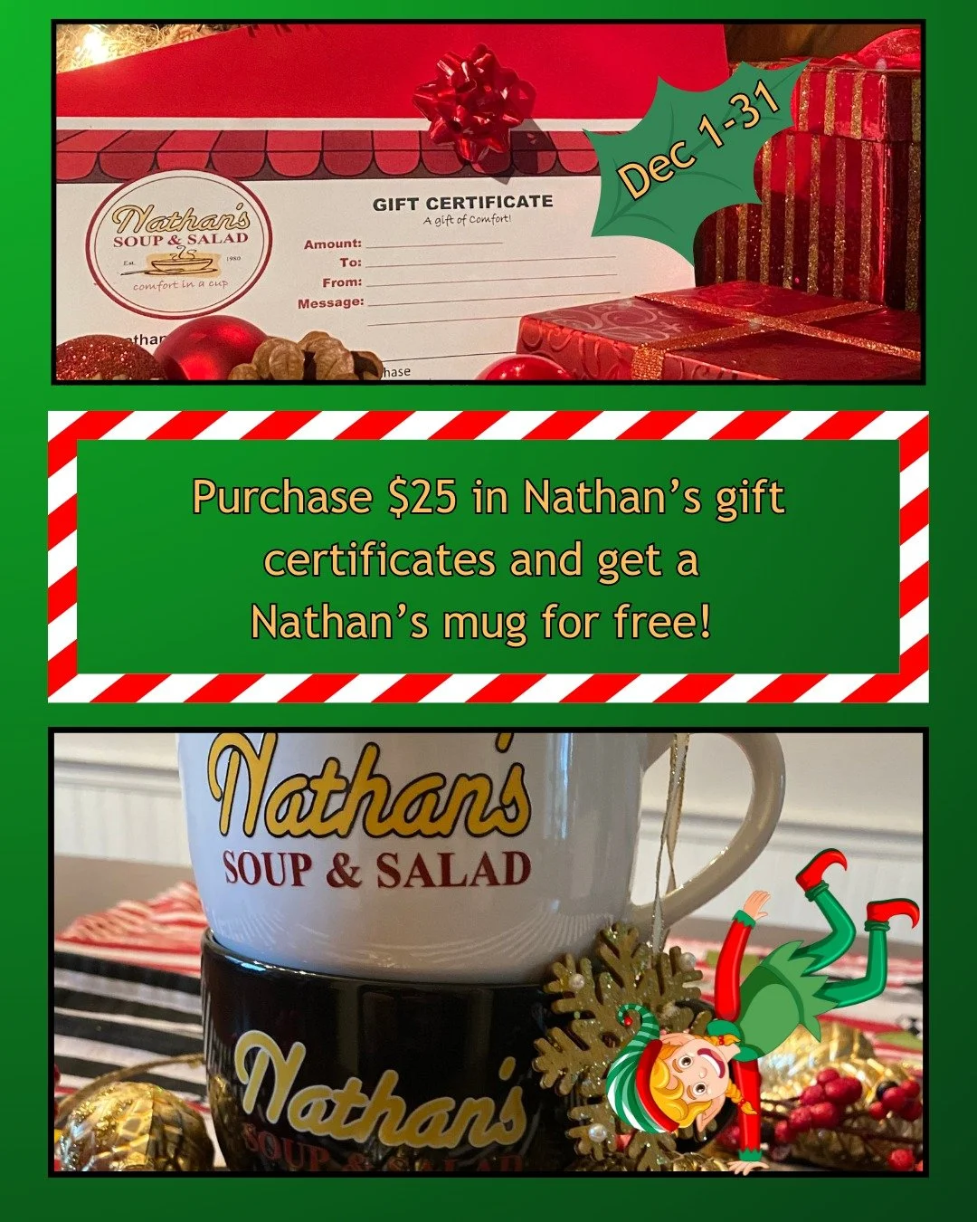 Give the gift of comfort this holiday season! Purchase a $25 Nathan's gift certificate and get a FREE Nathan's mug in December. Warm bowls, warm hearts!