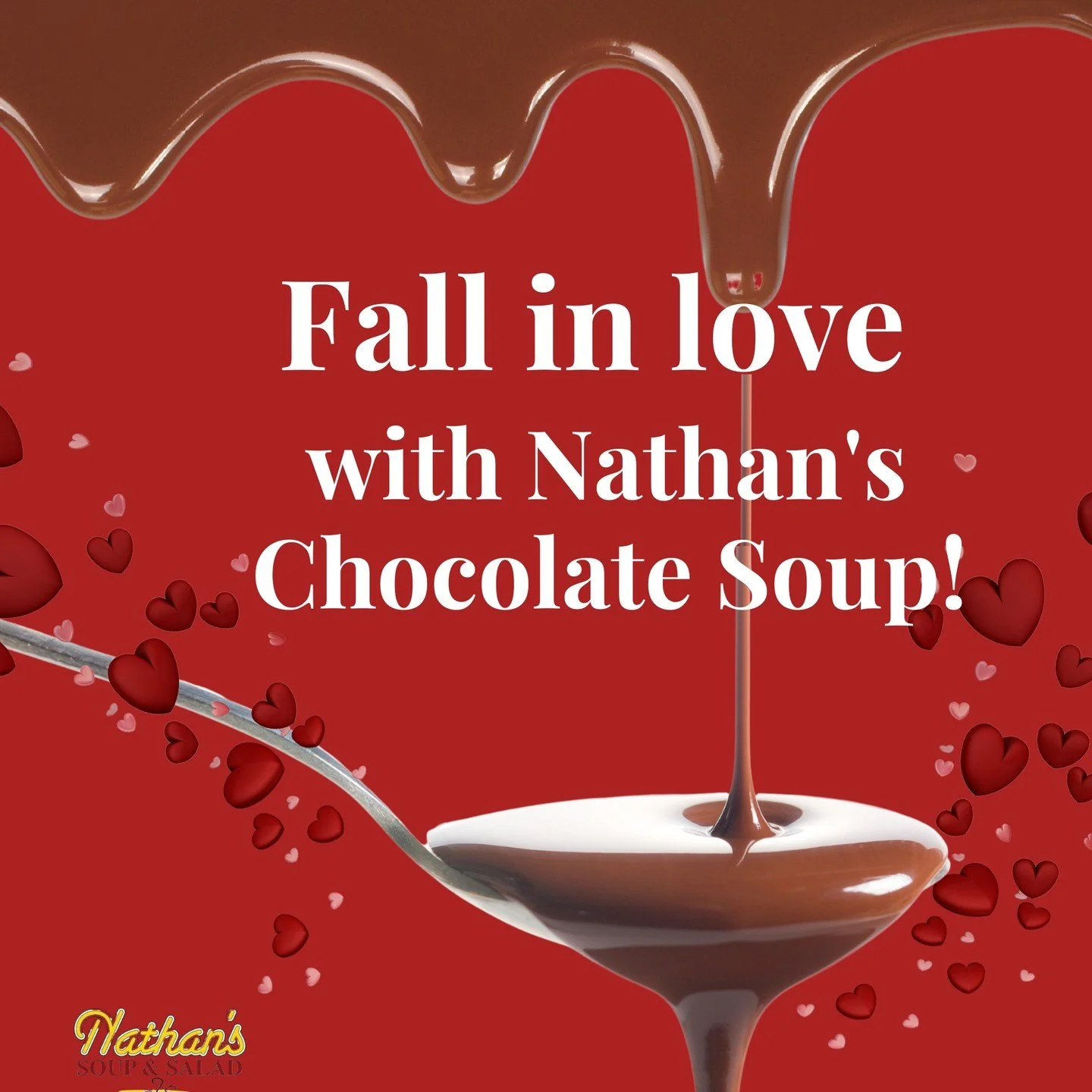 We&rsquo;re sharing the love this Valentine&rsquo;s Day 💕
This Thursday and Friday, stop in for a free serving of our signature Chocolate Soup! Rich, warm, and chocolatey &mdash; only at Nathan&rsquo;s!
