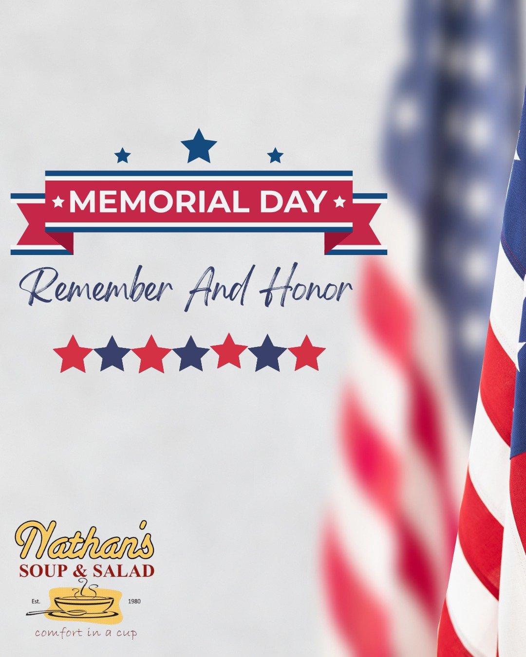 Nathan's will be closed Monday, May 25 in observance of Memorial Day. 

Wishing you a safe and enjoyable holiday as we pause to remember and honor those who gave their all.