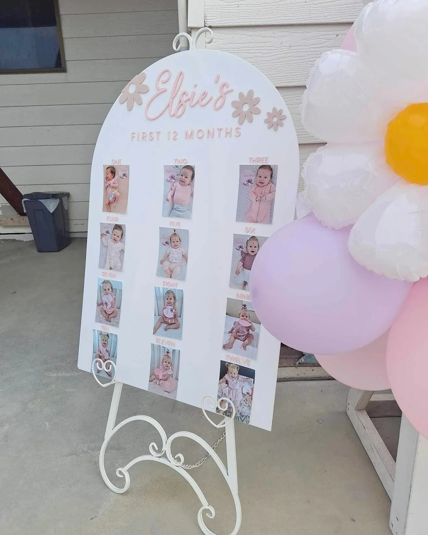 Pink First 12 Months Board with White Hearts Metal Easel