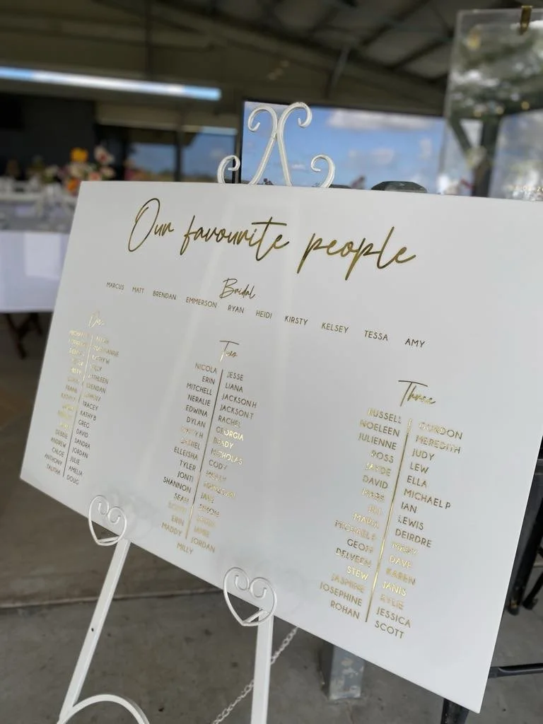 White Rectangle Acrylic with Gold Acrylic and Gold Text on
White with Hearts metal Stand