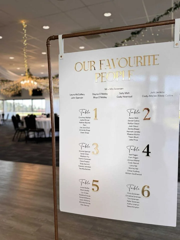 Printed Table seating acrylic backing  with Gold acrylic heading and Numerals. Gold pipe stand
