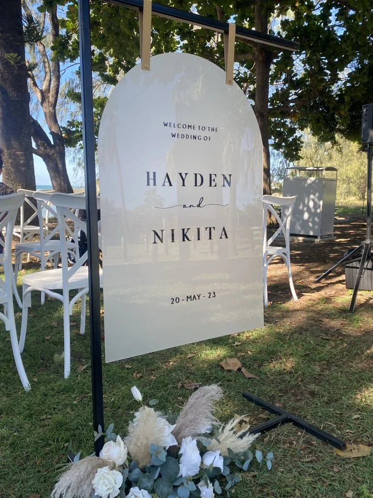 White Acrylic Arch with Black Acrylic & Black Vinyl Text on Black L Stand