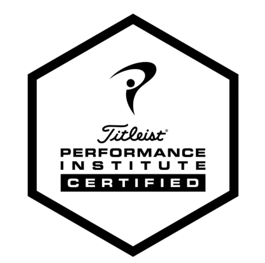 Black and white logo with a hexagonal border for the Titleist Performance Institute, featuring a stylized human figure and the words 'Titleist Performance Institute Certified'.