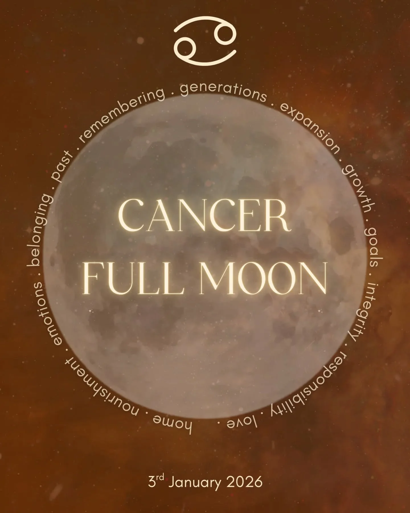 Cancer Full Moon @ 13&deg; 
3rd January 2026

The first full moon of 2026 and its setting us up for a year of nourishment, but first releasing of old habits, attachments, the past (that holds us captive) is in order 

Allow it to be a slow release, h