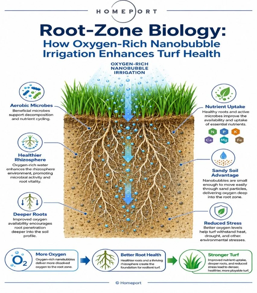 Diagram illustrating how Homeport OxyFusion® oxygen nanobubbles enhance the biological activity and oxygen availability within a turf root zone, particularly in sandy soils.