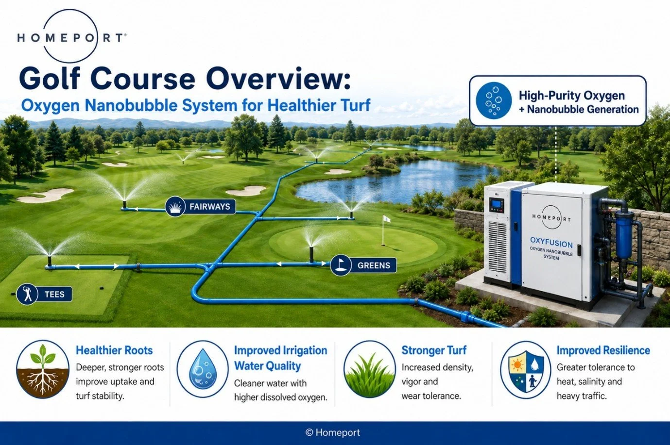 Diagram of a championship golf course irrigated using Homeport OxyFusion® high-purity oxygen nanobubble technology, illustrating deeper roots, healthier turf and improved root-zone oxygenation.