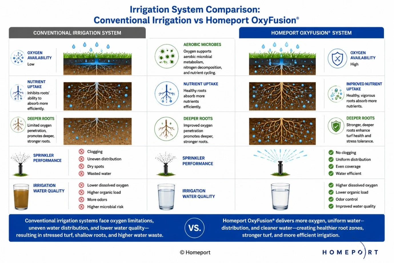 Comparison of a conventional irrigation system and a Homeport OxyFusion® oxygen-rich nanobubble irrigation system, illustrating improved water quality, cleaner pipelines, healthier root zones and more uniform irrigation performance.