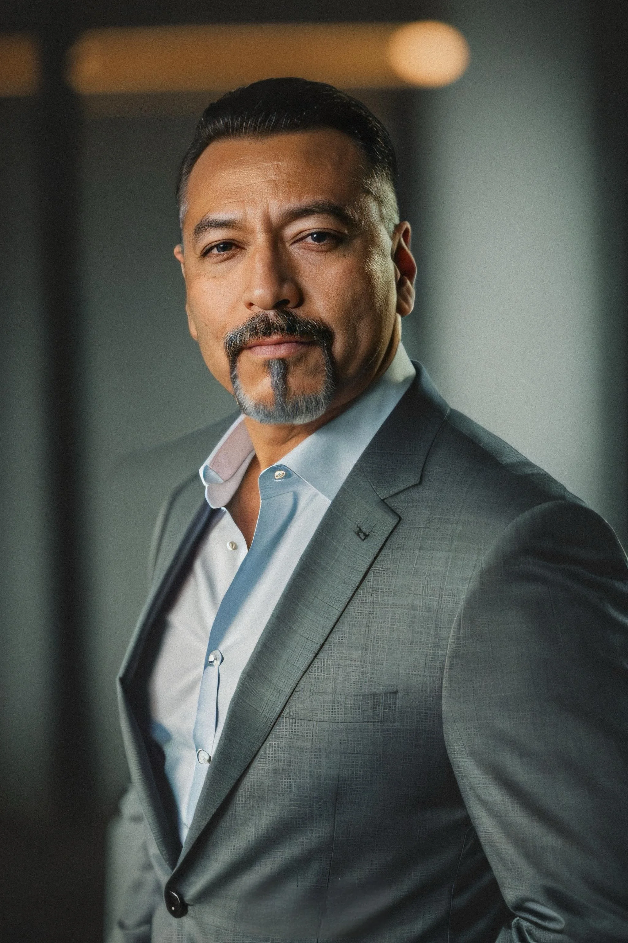 Portrait of a confident middle-aged man with a mustache and goatee, dressed in a gray suit and white shirt, looking directly at the camera in an indoor setting.