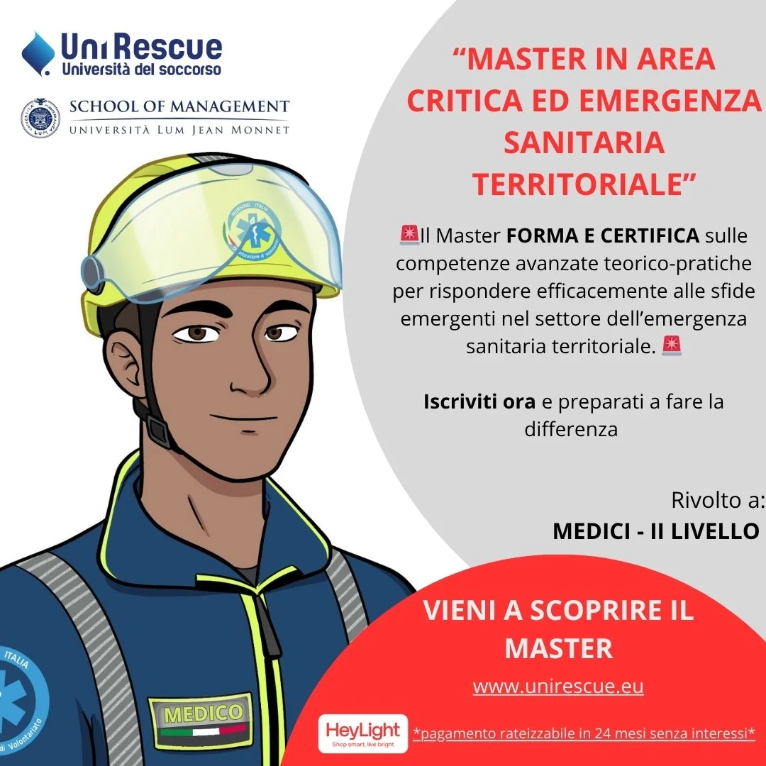Locandina pubblicitaria per un master in Area Critica ed Emergenza Sanitaria Territoriale, con illustrazione di un medico con caschetto e divisa. Presenta dettagli sulla formazione, iscrizione e informazioni di contatto.