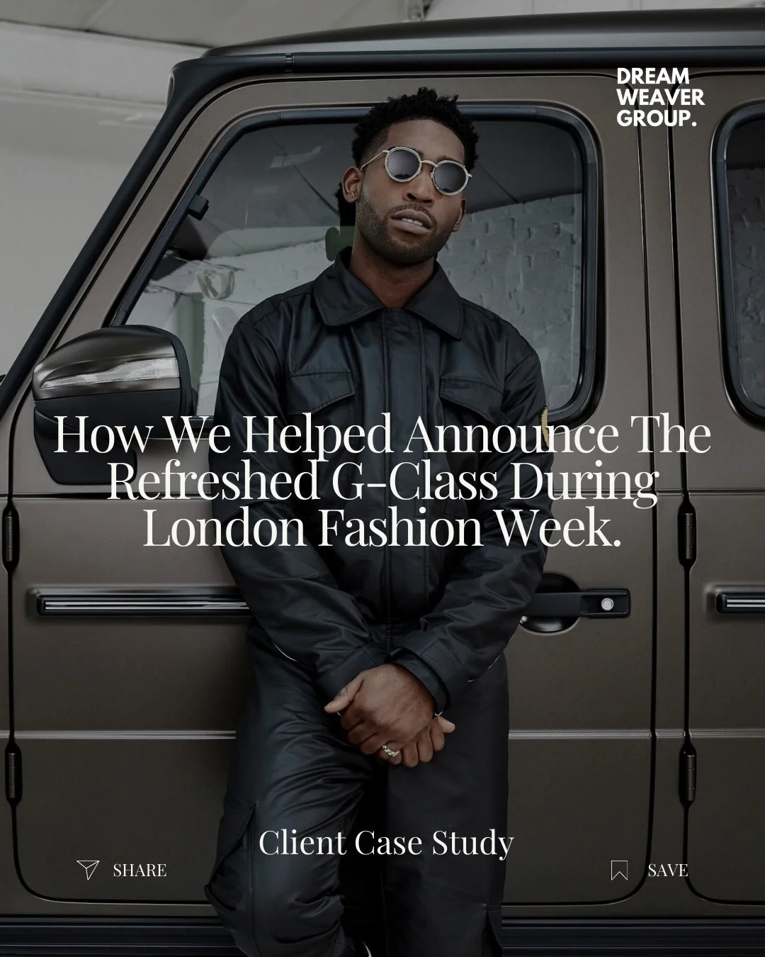 During London Fashion Week, we partnered with Mercedes-Benz to support the unveiling of the refreshed G-Class.

Featuring Daisy Lowe, styled by Tinie Tempah, the campaign positioned the G-Class within a culturally aligned fashion context, bridging au