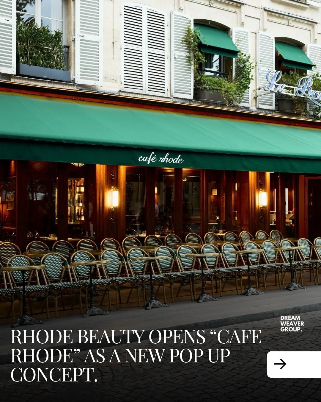 Rhode has brought its world to Saint Germain des Pr&eacute;s.

To celebrate its latest European expansion with Sephora, the brand transformed a classic Parisian caf&eacute; into Caf&eacute; Rhode, complete with a custom menu, branded details and limi