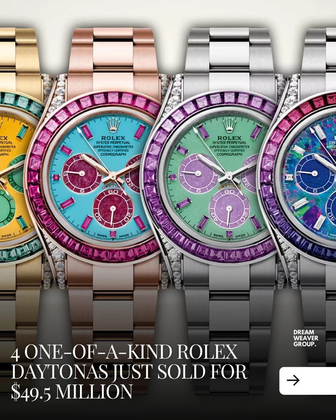 Rolex&rsquo;s one of one &ldquo;Four Seasons&rdquo; Cosmograph Daytonas have sold at Phillips in London for a combined &pound;37.3 million, around $49.5 million.

Each watch represented a different season through precious metals, natural stone dials,
