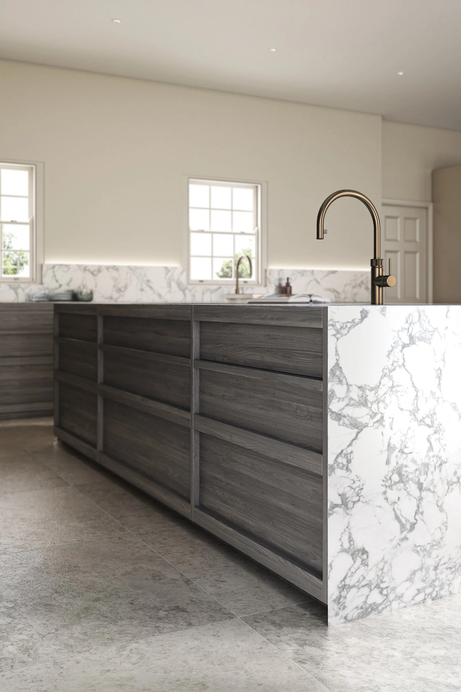 Modern kitchen with marble countertops and backsplash, dark wood cabinetry, and a brass faucet.