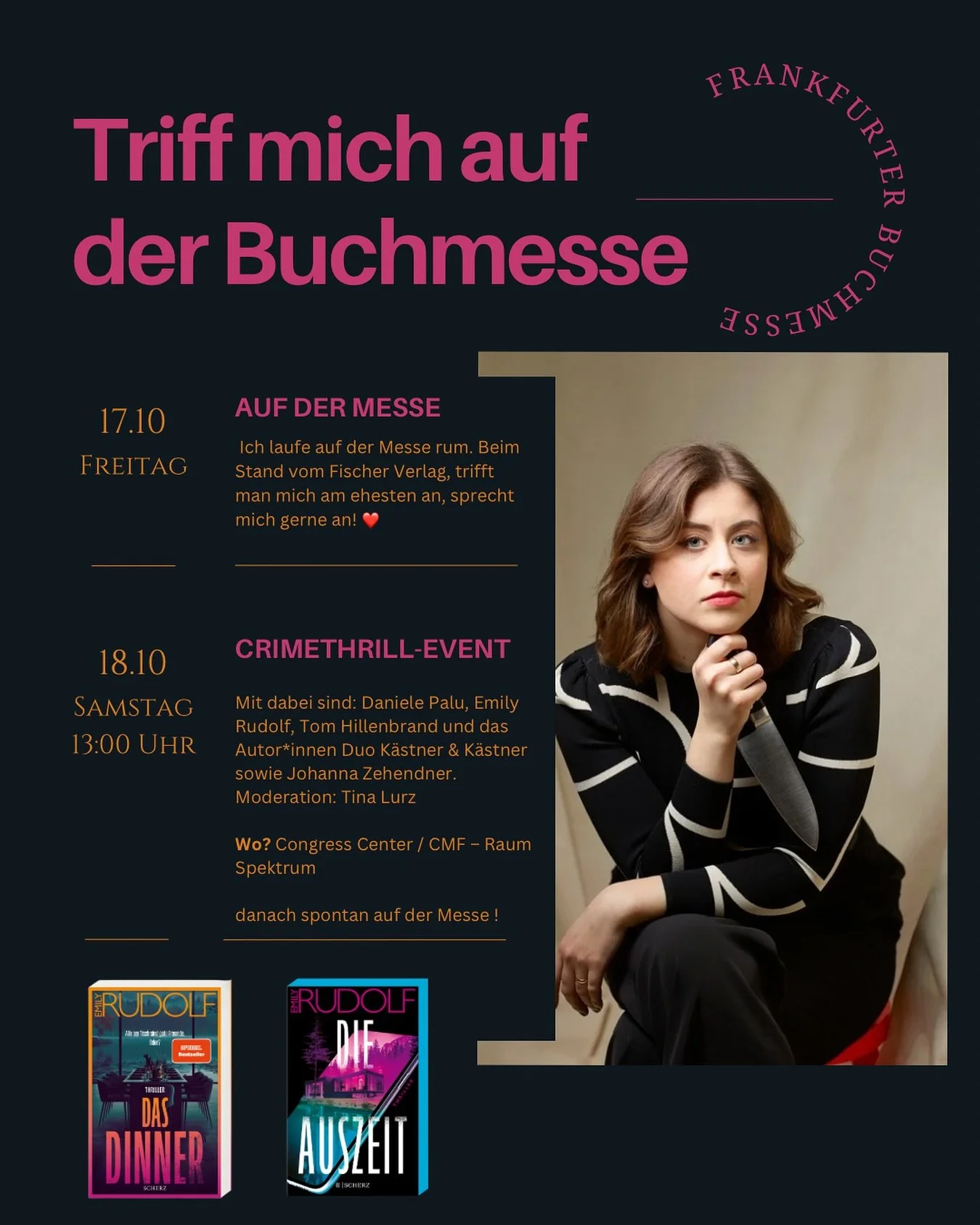 ✨Frankfurter Buchmesse✨
Die #fbm steht an!🕺 Auch ich werde auf der Messe sein - diesmal am Freitag und am Samstag. 
Am Freitag bin ich auf der Messe, habe aber keine offiziellen Termine. Ich weiß auch noch nicht 100% ab wann ich da sein