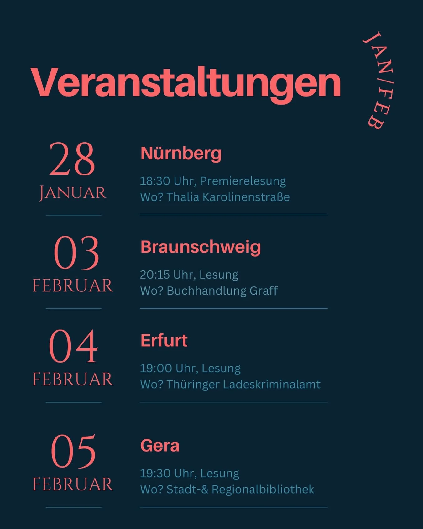 Auch f&uuml;r &bdquo;Die Housesitterin&ldquo; wird es wieder Lesungen geben! Hier komme schon mal die Termine f&uuml;r Februar 💕 Sehen wir uns? #diehousesitterin #emilyrudolf #autorenleben #lesungen #thriller
