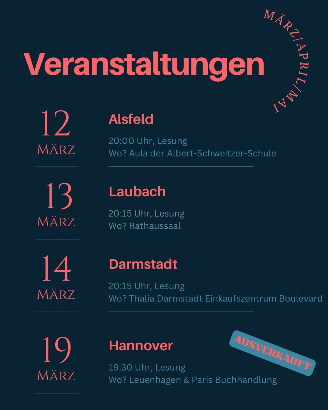 Ich bin in den kommenden Monaten noch mal f&uuml;r Lesungen unterwegs. Sehen wir uns? 🌚💕 #lesung #autoreleben #diehousesitterin #thriller #bookstagram