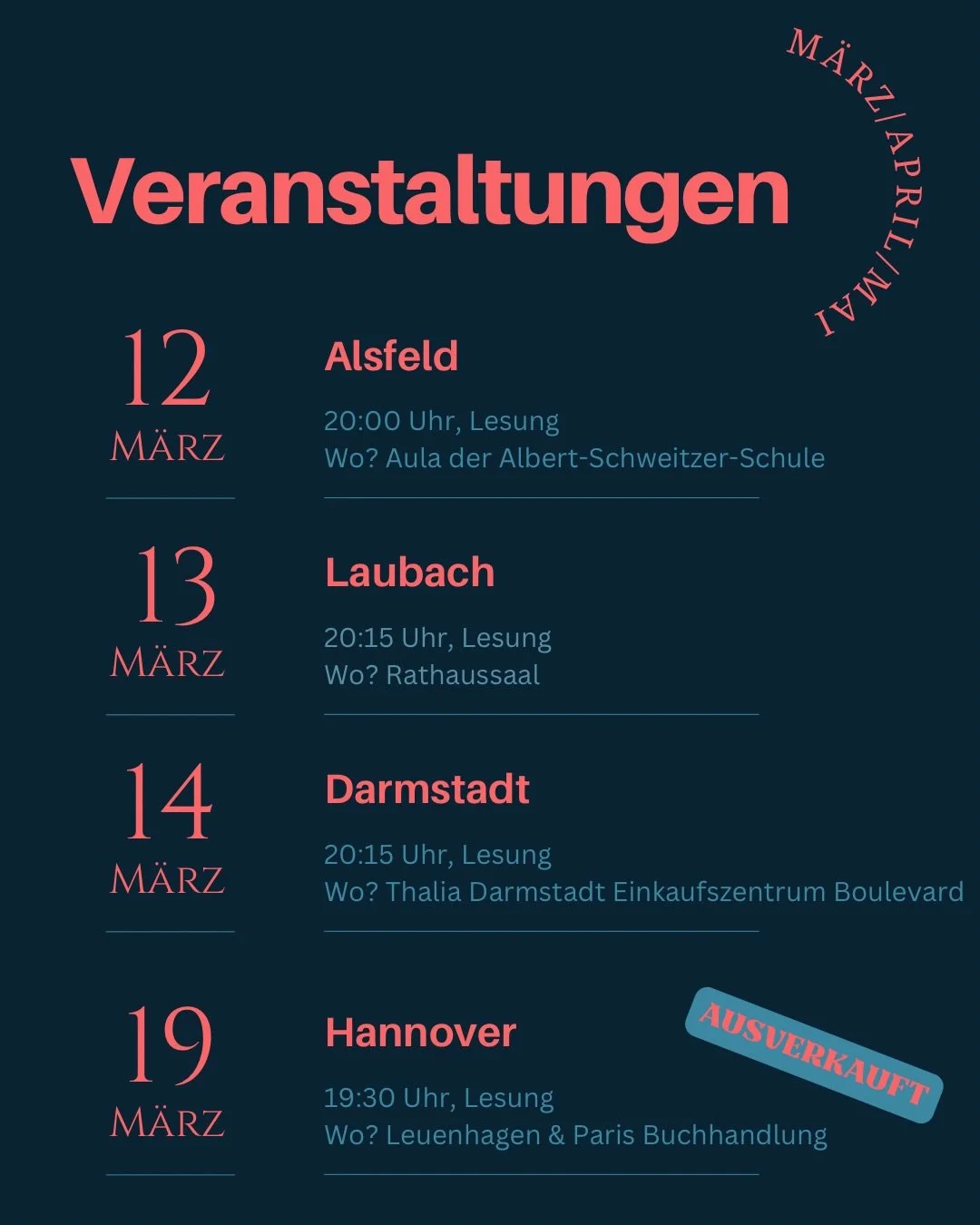 Ich bin in den kommenden Monaten noch mal f&uuml;r Lesungen unterwegs. Sehen wir uns? 🌚💕 #lesung #autoreleben #diehousesitterin #thriller #bookstagram