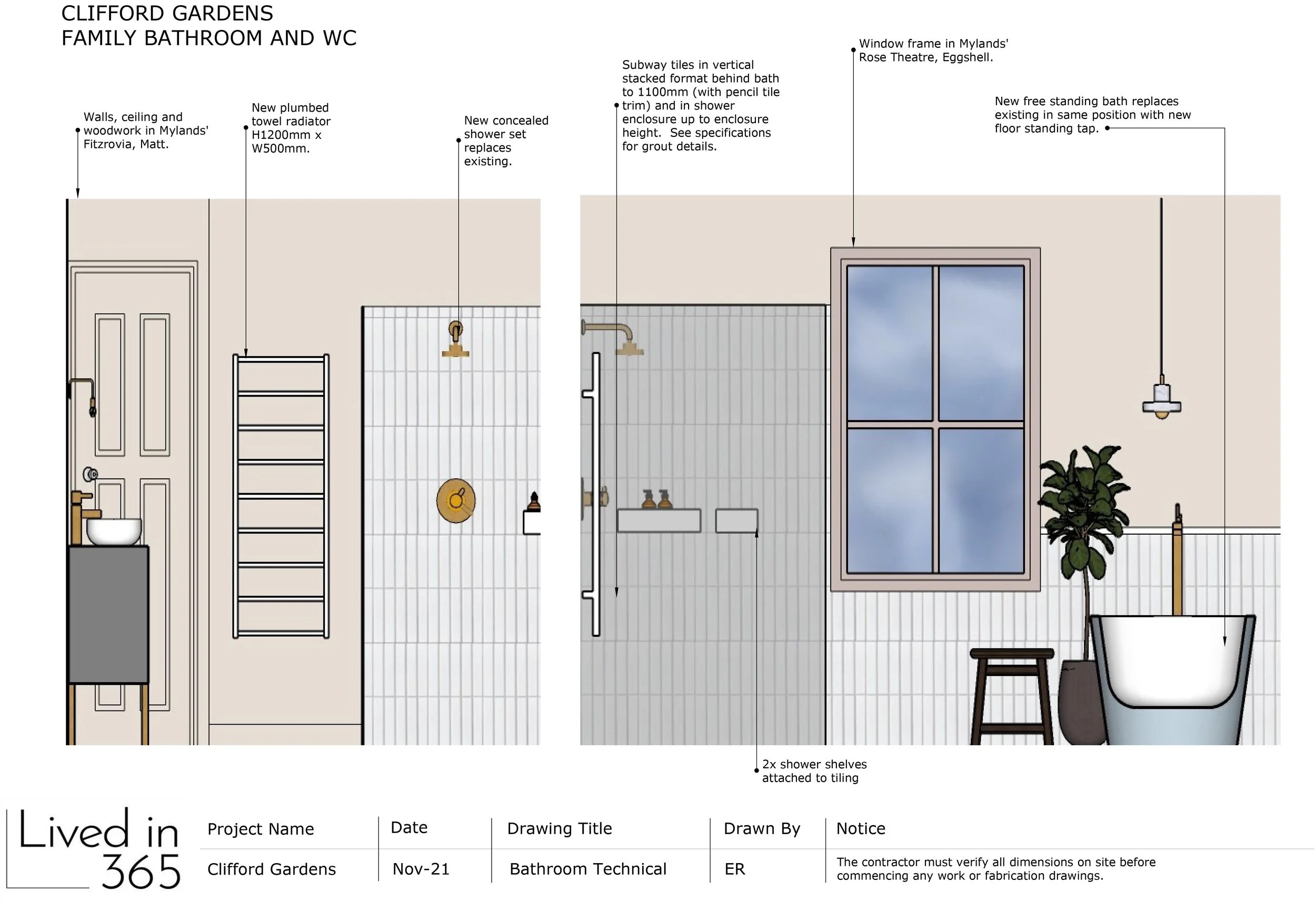 Example Technical board for a family bathroom
