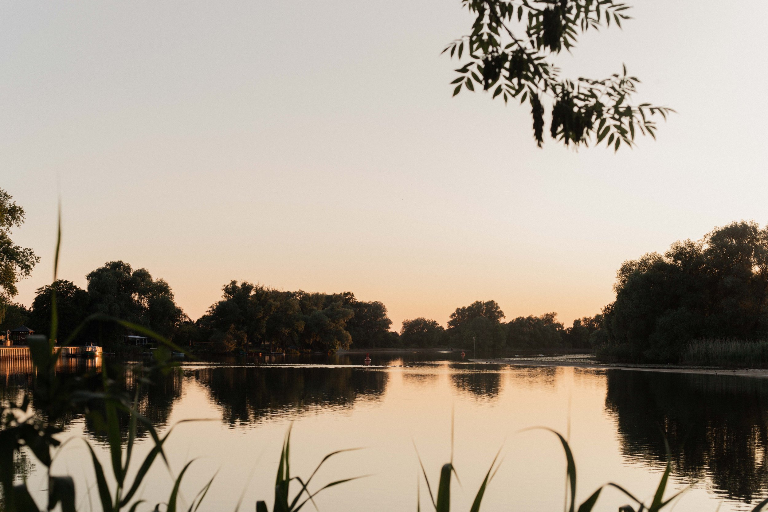 A peaceful river scene at sunset with calm water, trees lining the riverbanks, and a soft, pastel sky.
