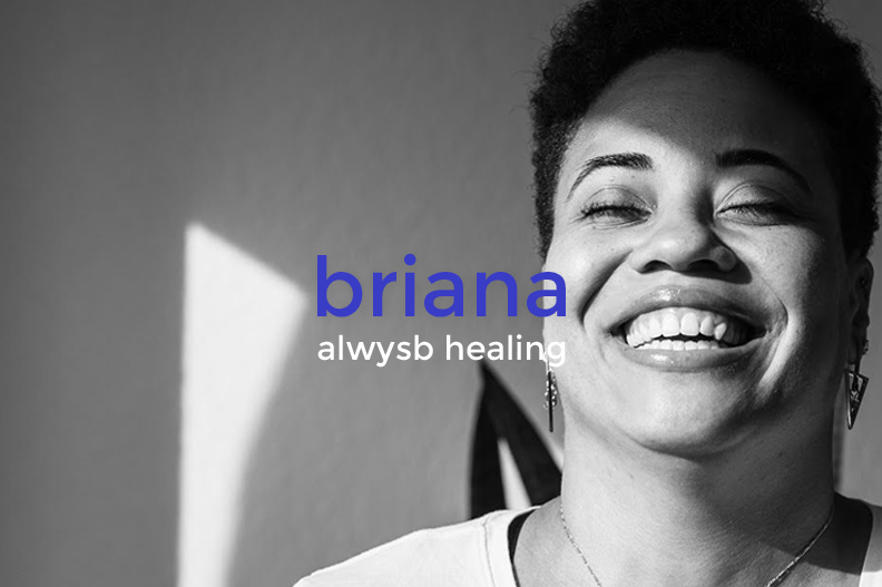 A black-and-white photo of a woman with short curly hair smiling and sticking out her tongue, with the text 'briana alwaysb healing' overlaid.