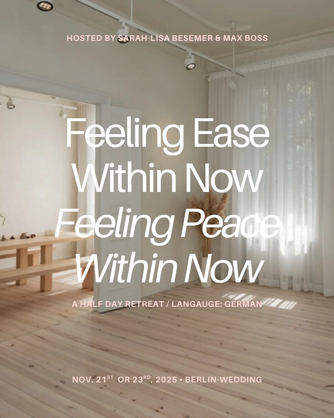 Feeling Ease Within Now - Feeling Peace Within Now: Half-Day Retreat 🤍

Step off autopilot and enter a space where feeling is safe and becomes the path to true freedom.

During this half-day retreat, Sarah-Lisa @emotion.alchemist and @maxboss_ig wil
