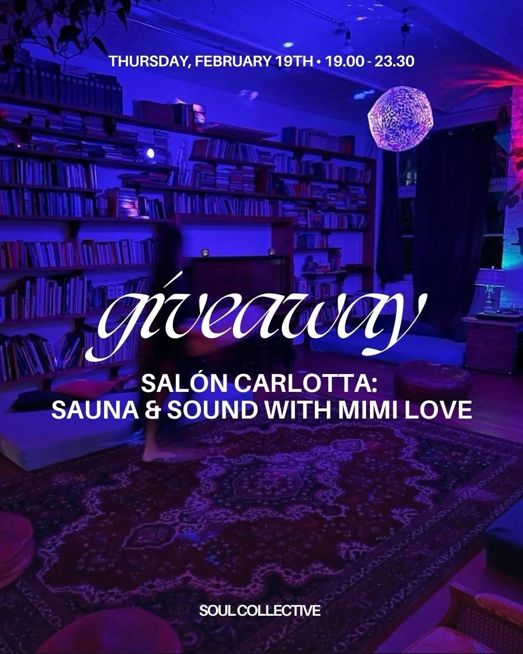 Sal&oacute;n Carlotta: Sauna &amp; Sound with Mimi Love Giveaway 🩵

Each month, Sal&oacute;n Carlotta opens its doors for a nourishing evening featuring essential oil sauna infusions, DJ sets and sonic journeys curated by @_nnn.uuu.rrr.aaa_, plus re