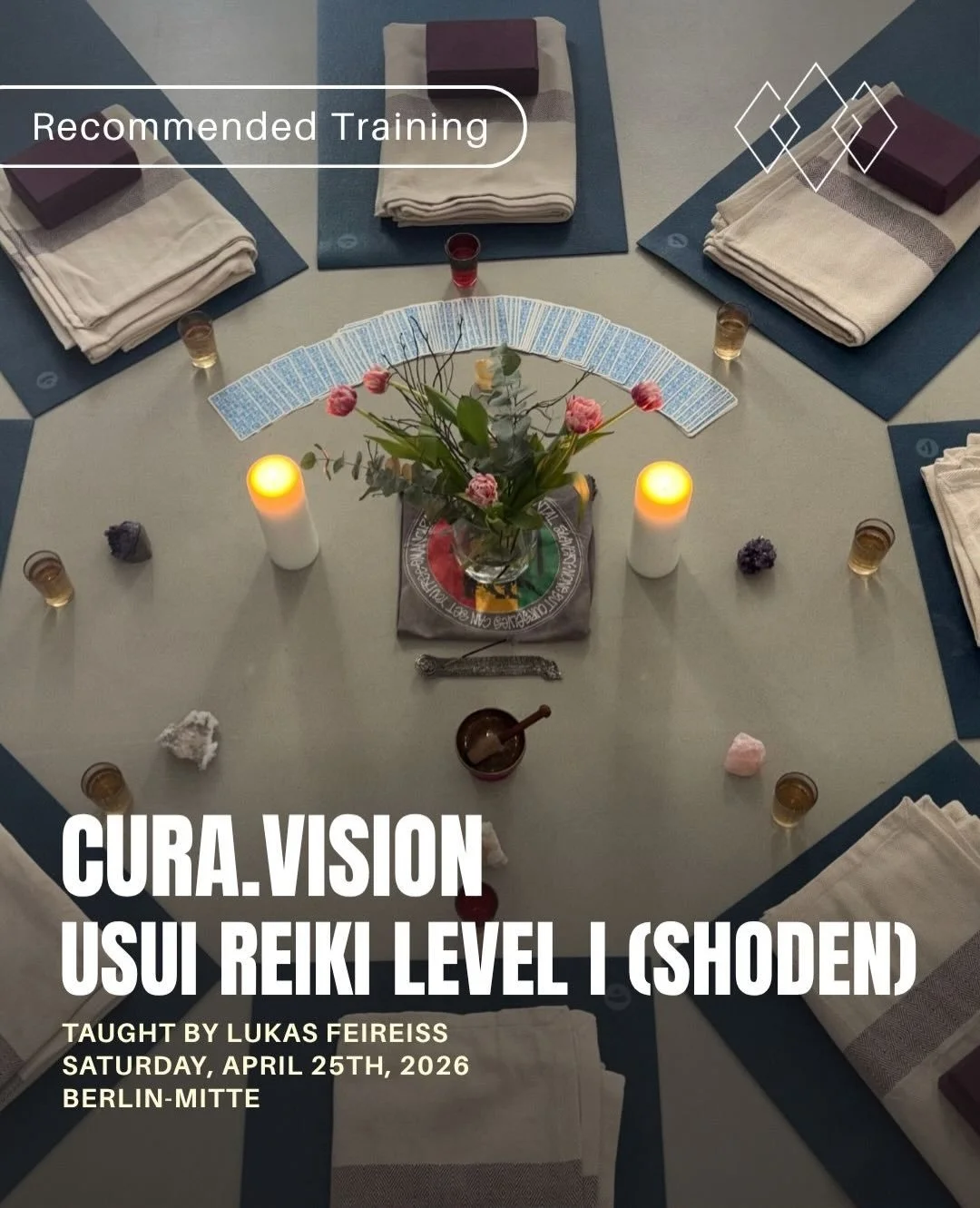 CURA.VISION - Usui Reiki Level I (Shoden)

In the first degree &mdash; Shoden &mdash; you receive the initial attunement and learn the foundations of the Usui Reiki system. From that moment on, you are able to give Reiki to yourself and to others.

T