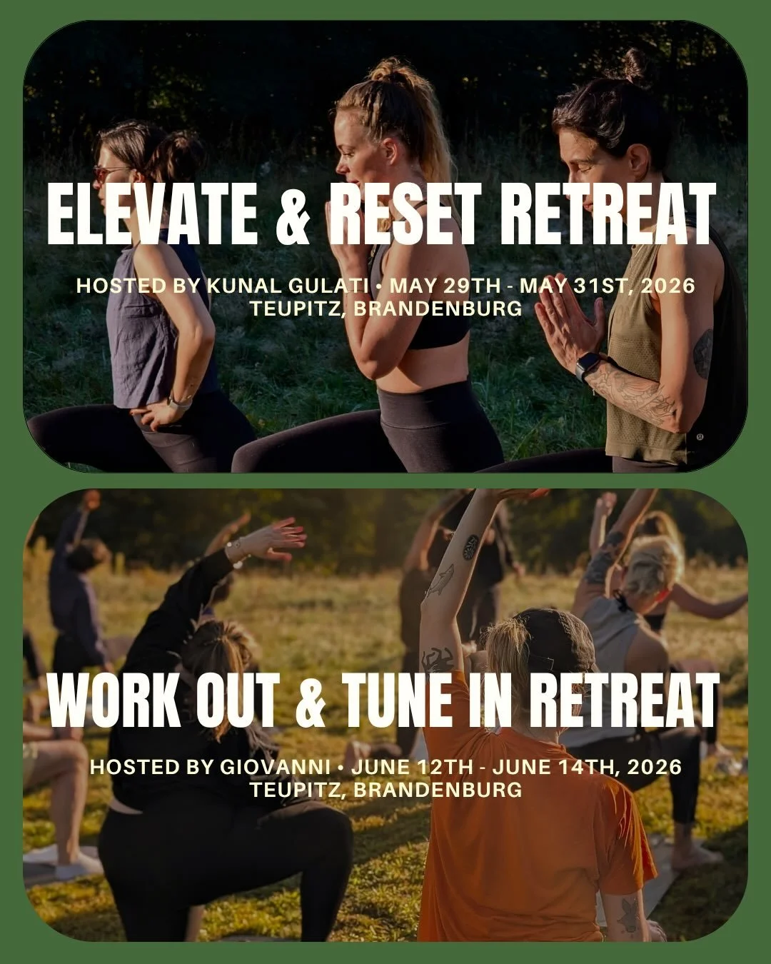Elevate Retreats are movement-led weekends in the Brandenburg countryside &mdash; to strengthen body &amp; mind, recharge deeply and connect meaningfully.

Two of their upcoming weekends this summer:

1️⃣&nbsp;Elevate &amp; Reset | May 29&ndash;31 Po