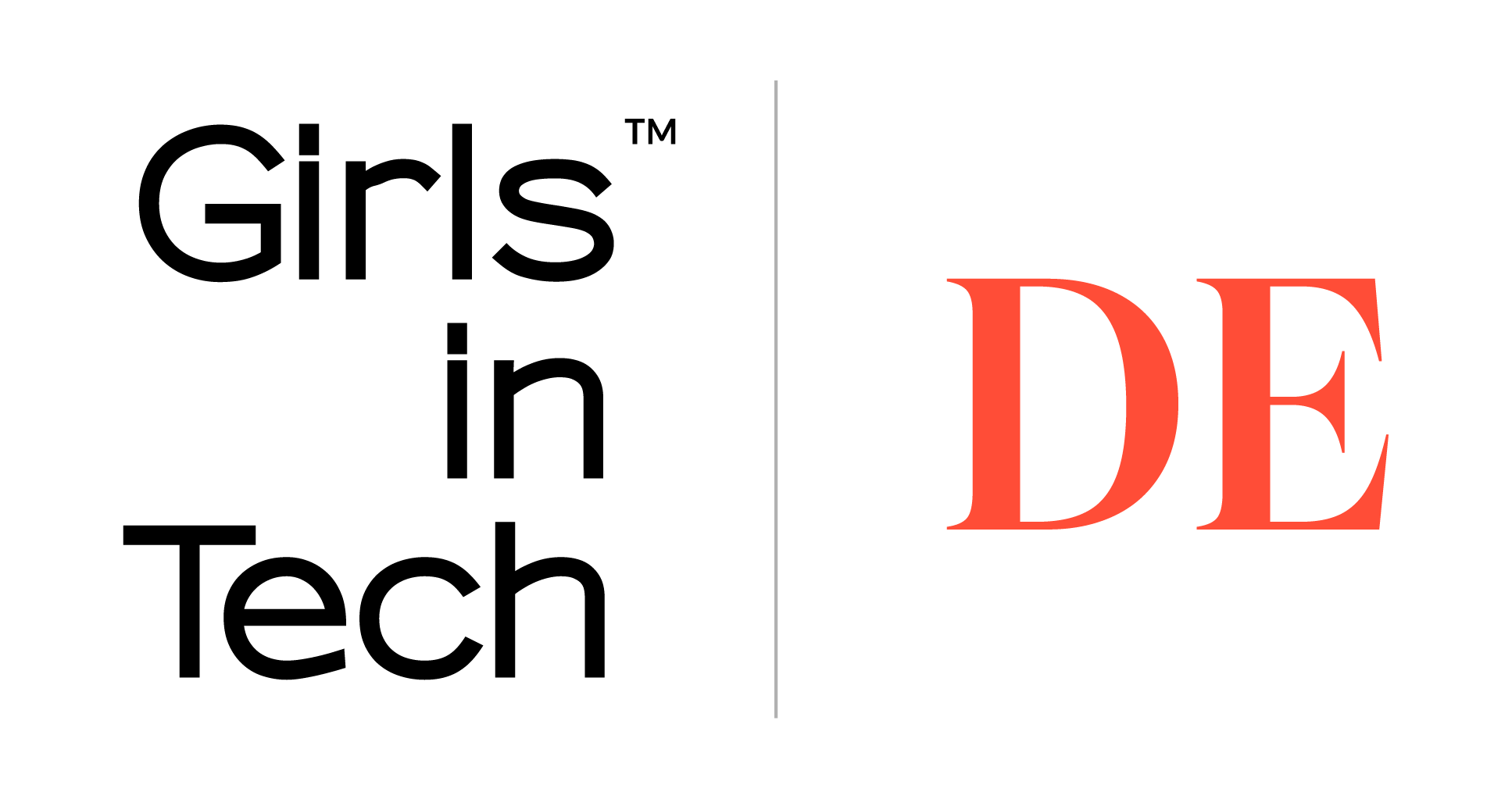 Logo for Girls in Tech with stylized text 'GIRLS in TECH' in black on the left and 'DÉ' in red on the right, separated by a vertical line.