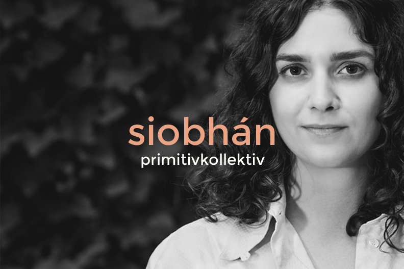 Black and white portrait of a woman with curly hair, wearing a collared shirt, with text reading 'siobhán prنمitivkoll2ktiv' overlaid.