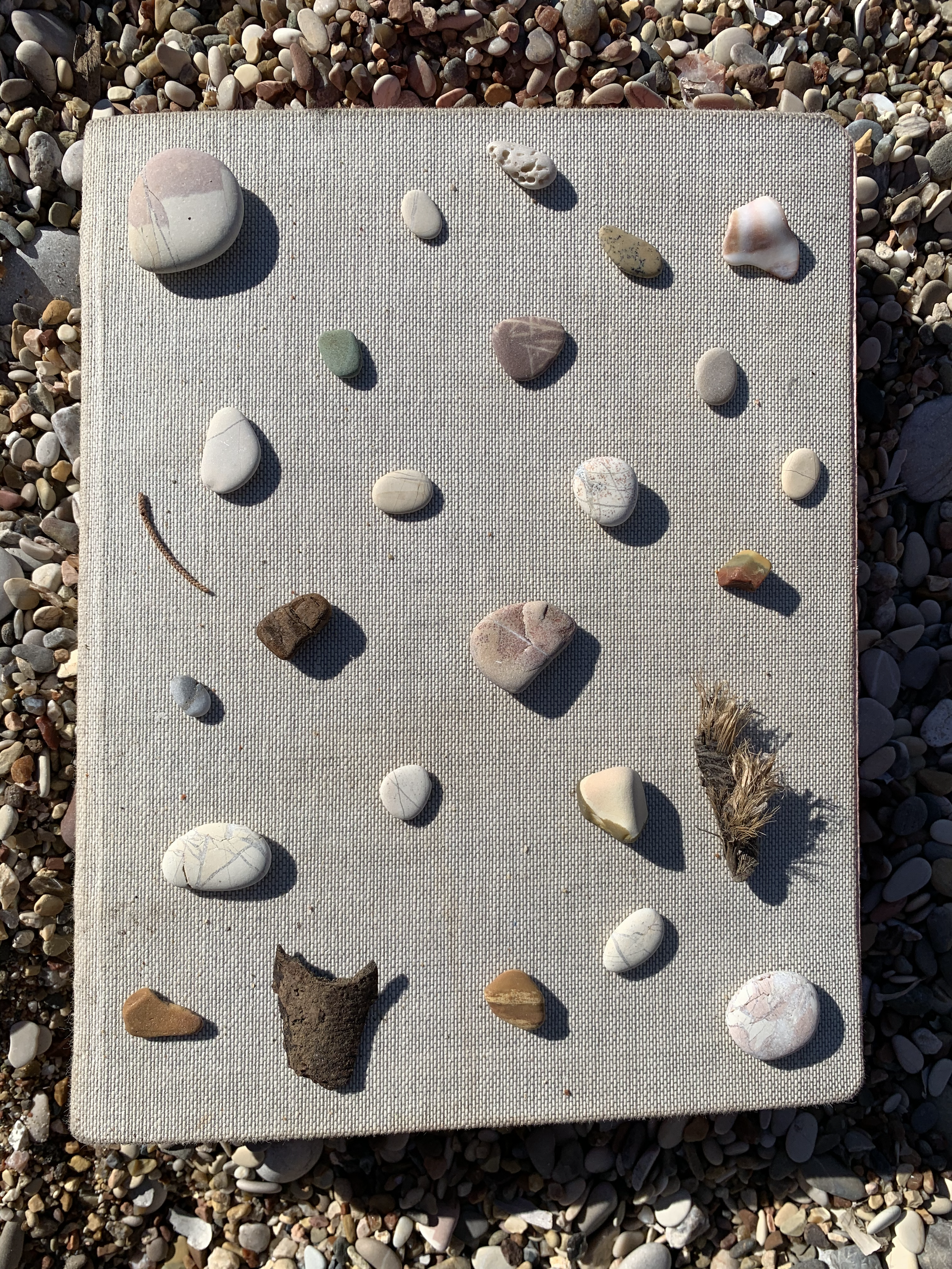 Collection of small, smooth rocks and shells scattered on a textured white surface, with pebbles surrounding it.