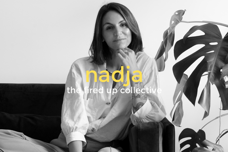 Black and white photo of a woman with shoulder-length hair sitting on a sofa beside a large monstera plant, with text overlay reading 'nadja the fired up collective'