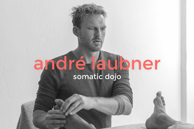 Black and white photo of a man receiving a massage, with the words "André Laubner" and "Somatic Dojo" overlaid in red and white text.