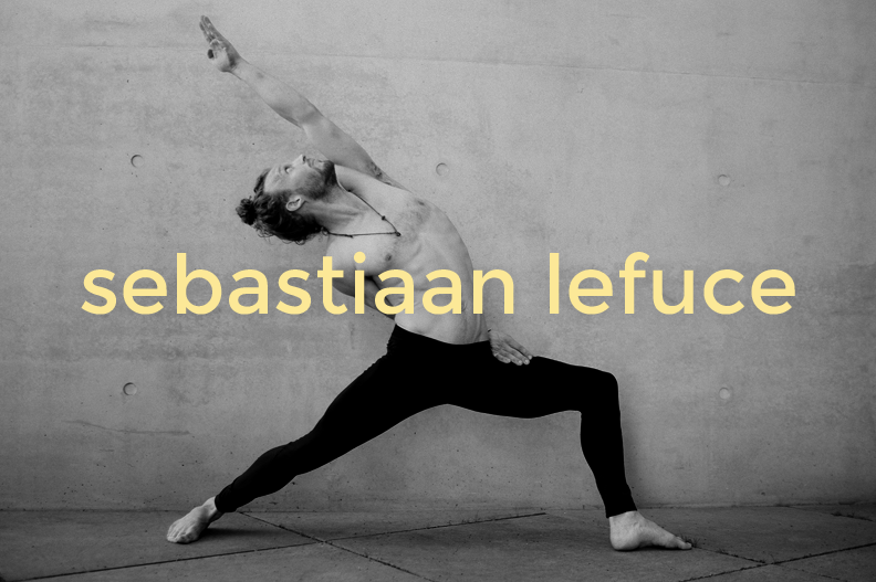 A man practicing yoga in a warrior pose against a concrete wall, with the name 'sebastiaan lefuce' overlaid in large yellow text.