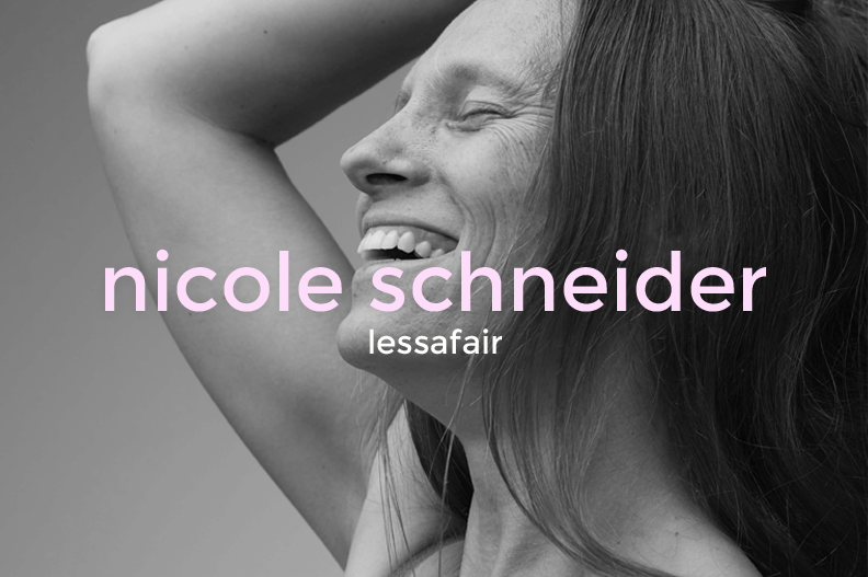 Black and white photo of a woman laughing with her eyes closed, her arm raised behind her head, with pink text overlay reading 'nicole schneider' and white text 'lessafair'.