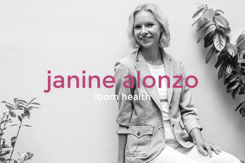 Black and white photo of a smiling woman sitting beside a potted plant, with text overlay stating 'janine alonzo' and 'loom health'.