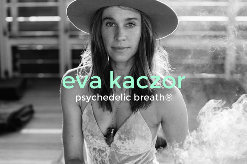 Black and white photo of a woman wearing a wide-brimmed hat and a lace top, with the text 'eva kaczor psychedelic breath®' overlaid.