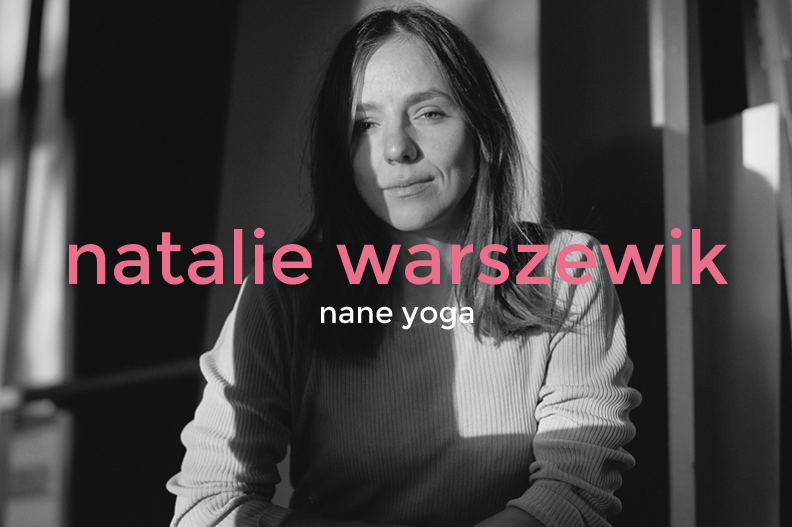 Black and white portrait of a woman with shoulder-length hair, sitting near a window with sunlight casting shadows, with pink and white text overlay reading 'natalie warszewik nane yoga'.