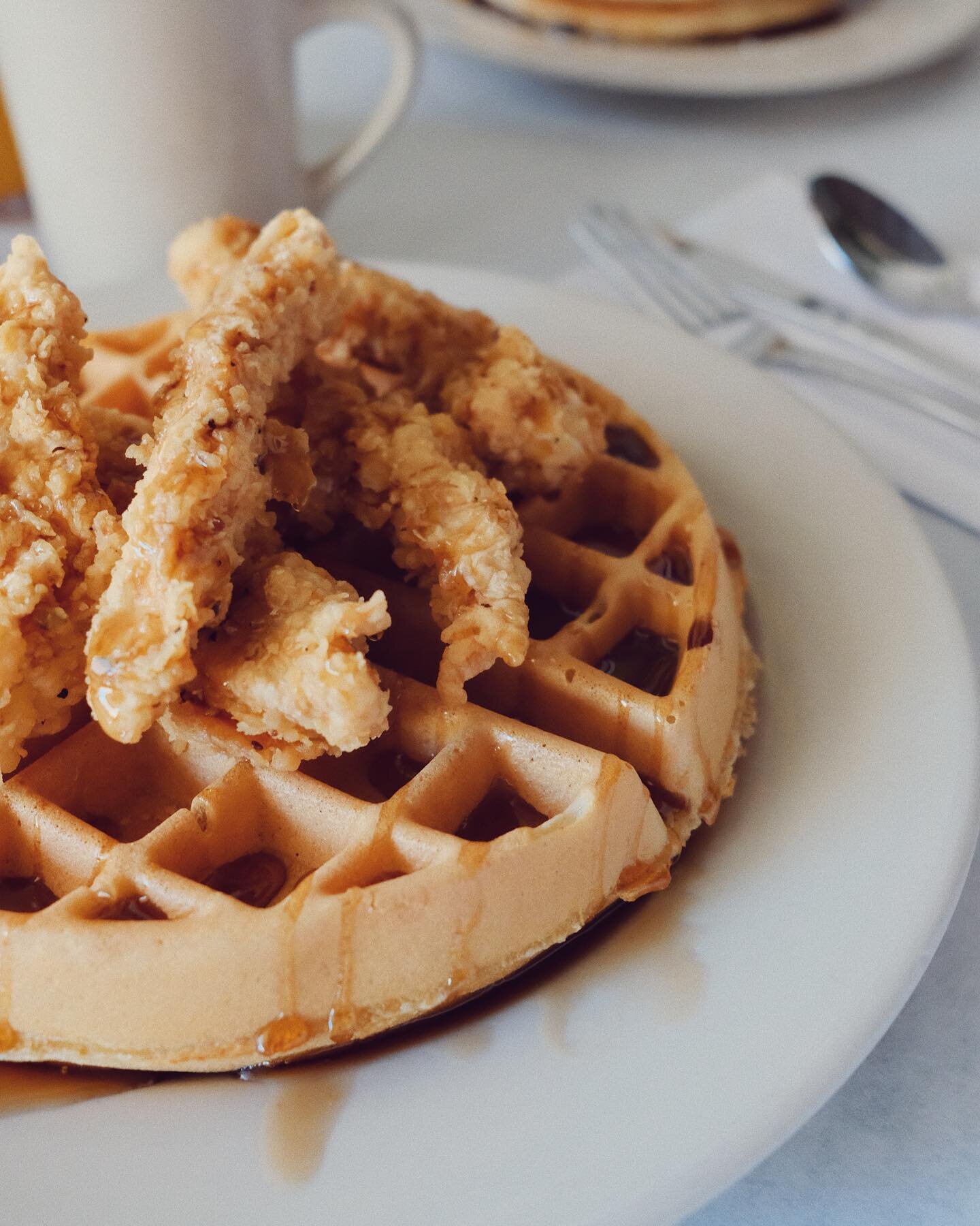 Sweet Saturday! Our special today is Chicken + Waffles! Buttermilk-battered, crispy fried chicken on top a sweet Belgian waffle!