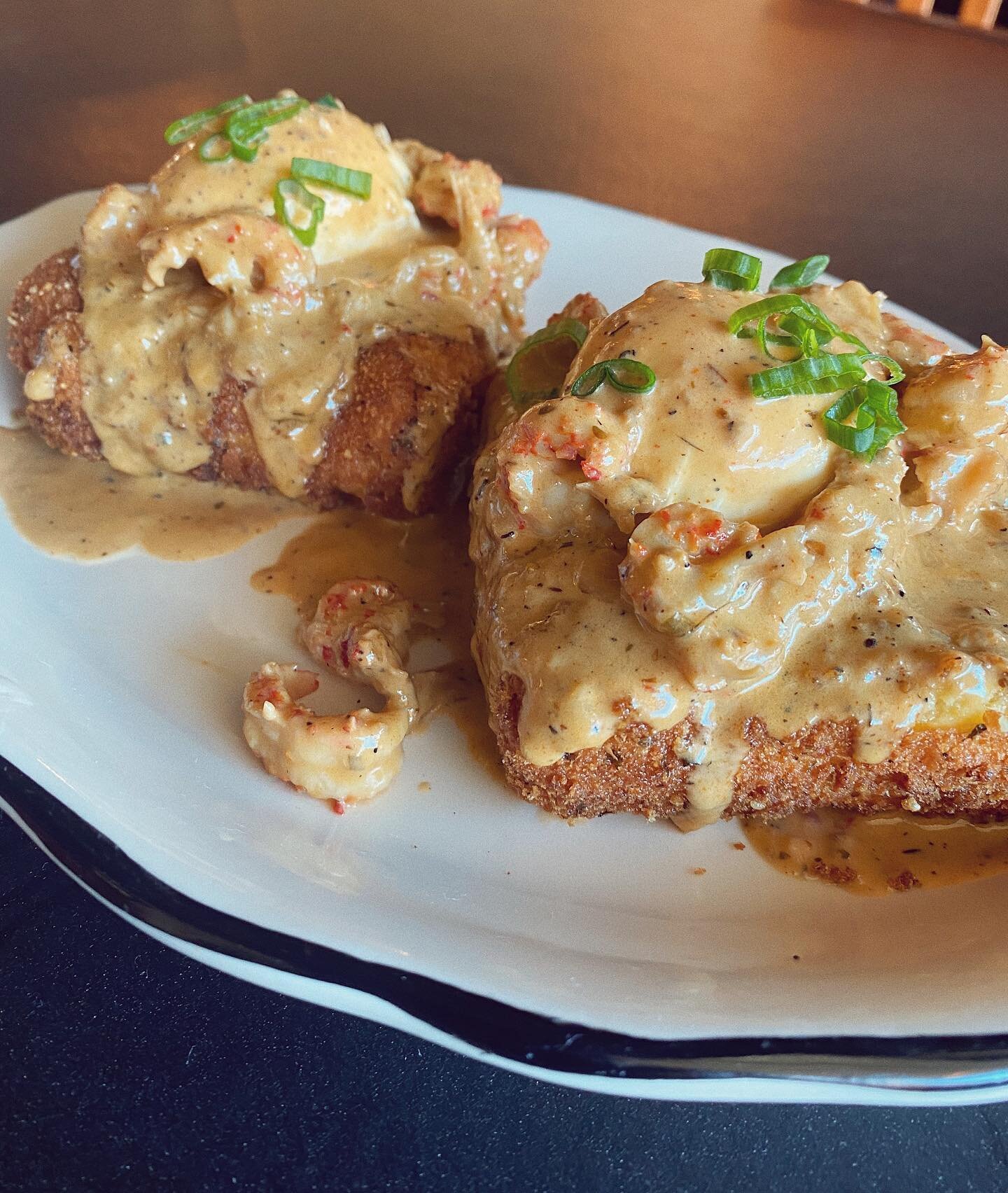 Our Sunday special is the Crawfish Monica Benedict! Two cheddar grit cakes topped with poached eggs and Louisiana crawfish in a sherry cream sauce!