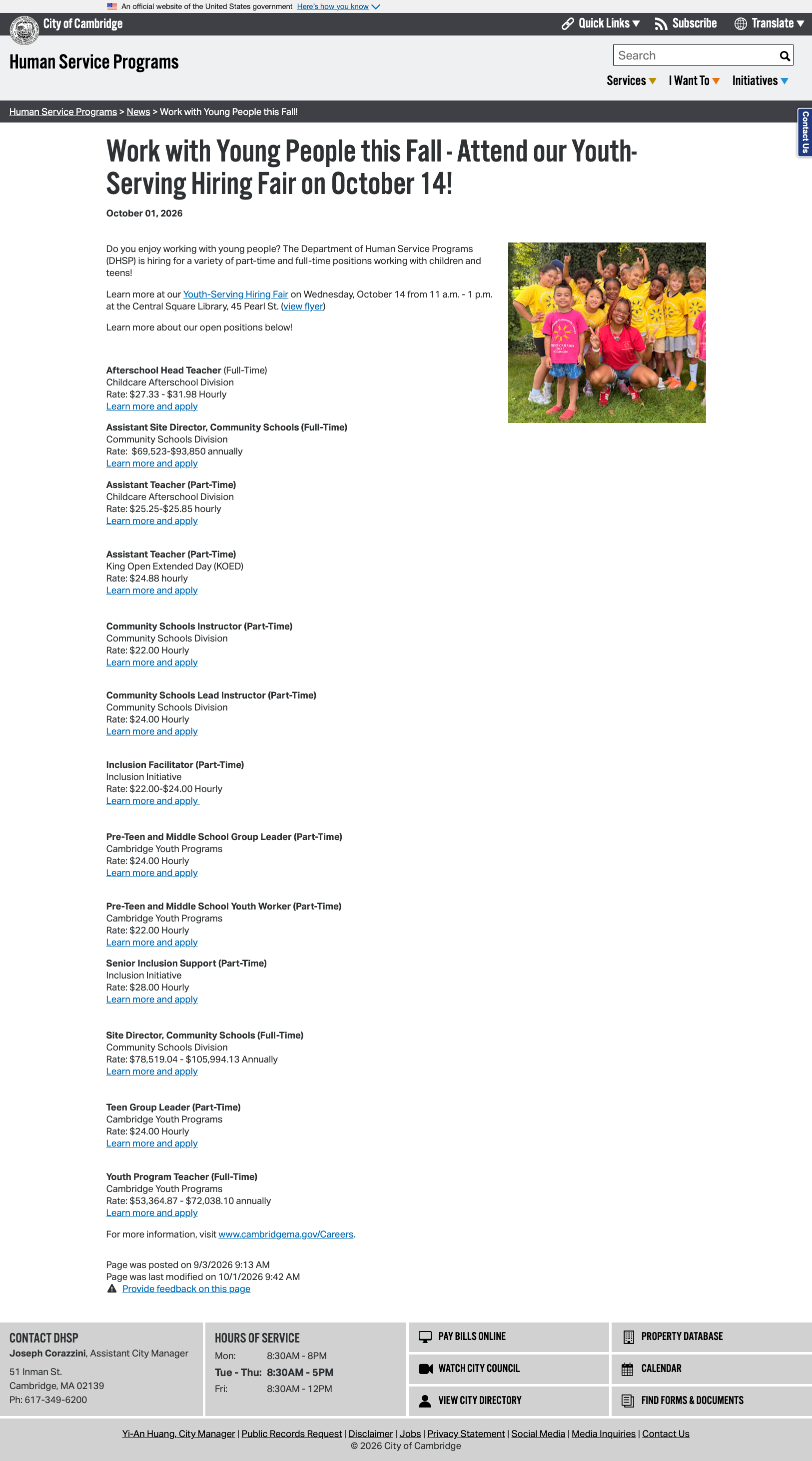 A sample news component used by Human Service Programs to show young family programs