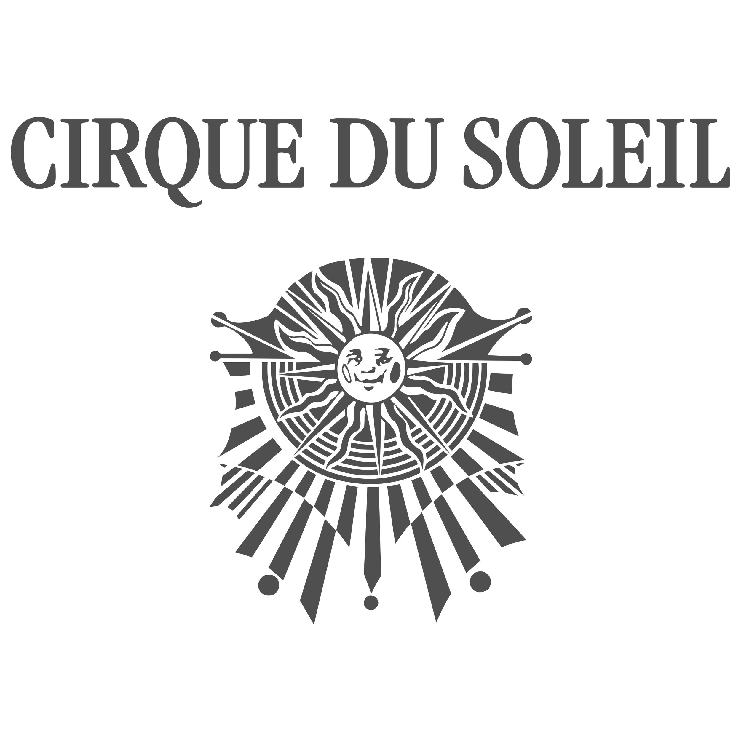 Schwarz-weißes Logo des Cirque du Soleil mit einer stilisierten, strahlenden Sonne in der Mitte und dem Text 'CIRQUE DU SOLEIL' oben.