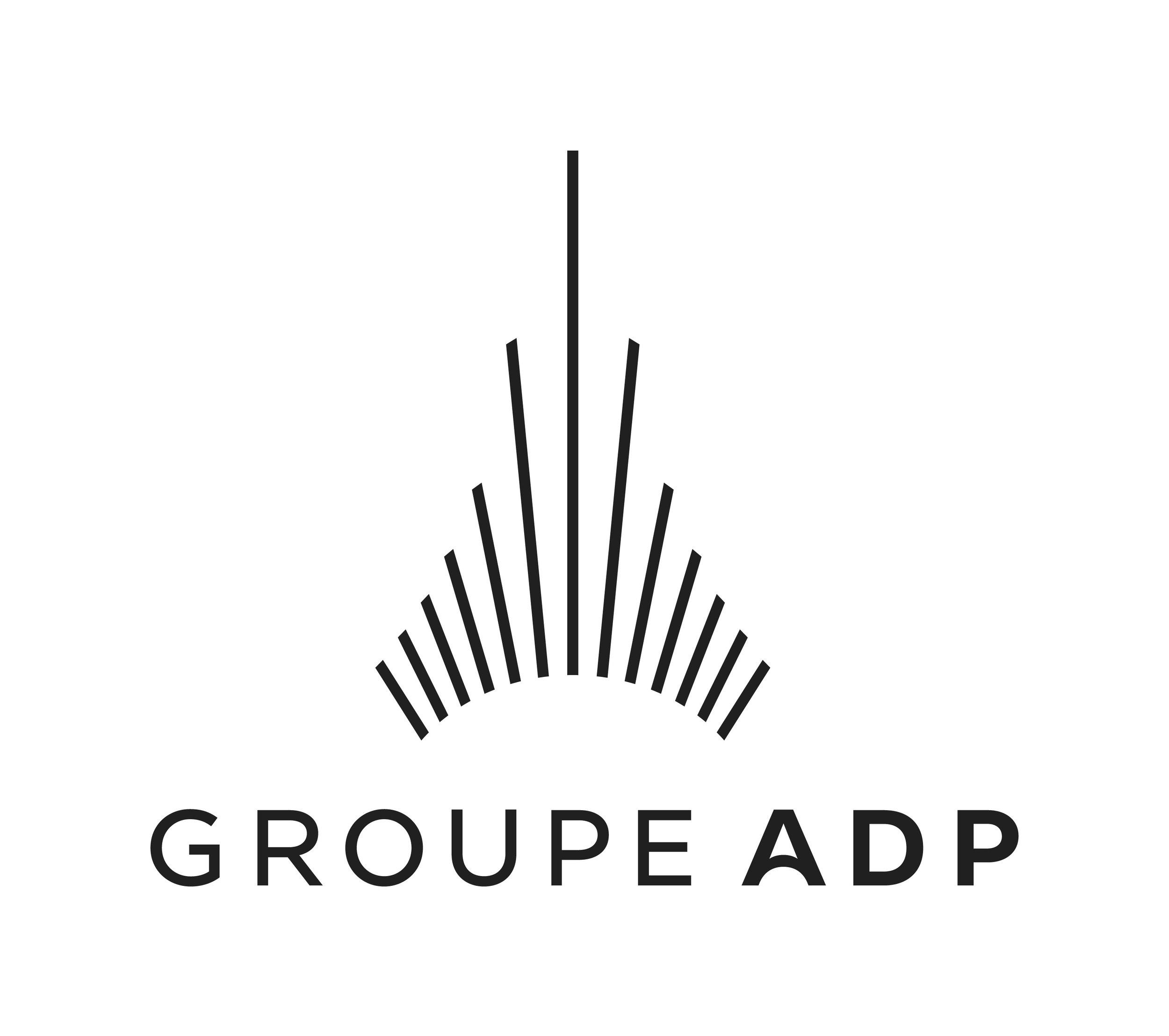 Logo der ADP-Gruppe mit vertikalen Linien, die wie ein Flughafen oder eine Startbahn stilisiert sind, und dem Text 'GROUPE ADP' darunter.