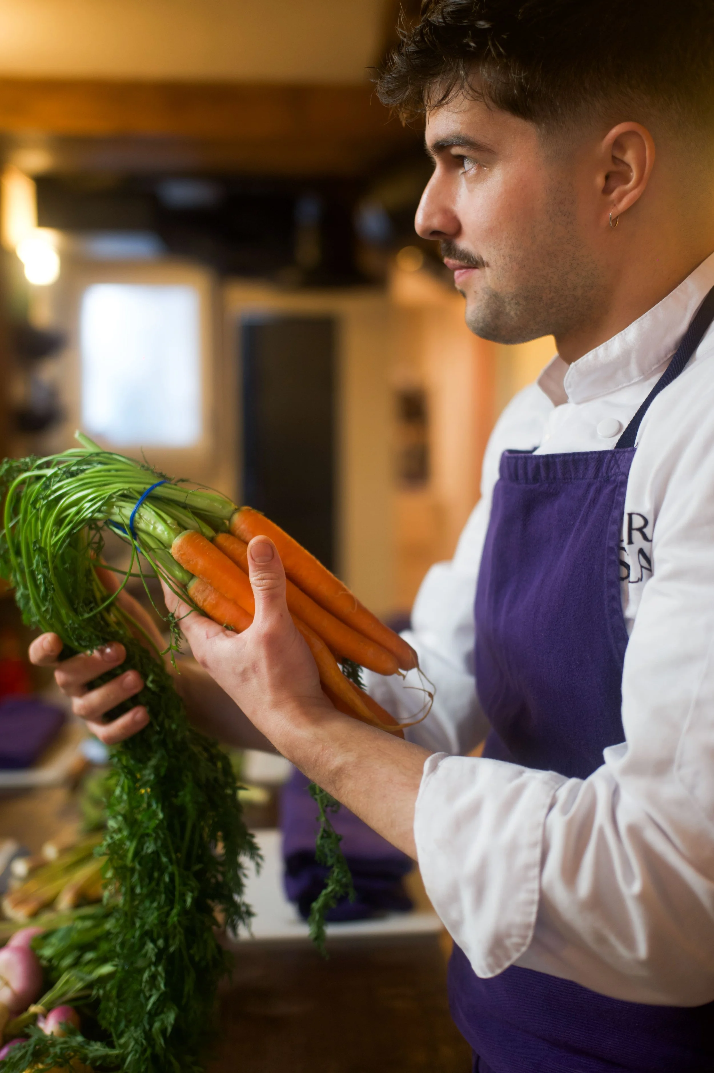 Un homme en habit de chef avec un tablier violet tient un bouquet de carottes fraîches dans un intérieur de cuisine.