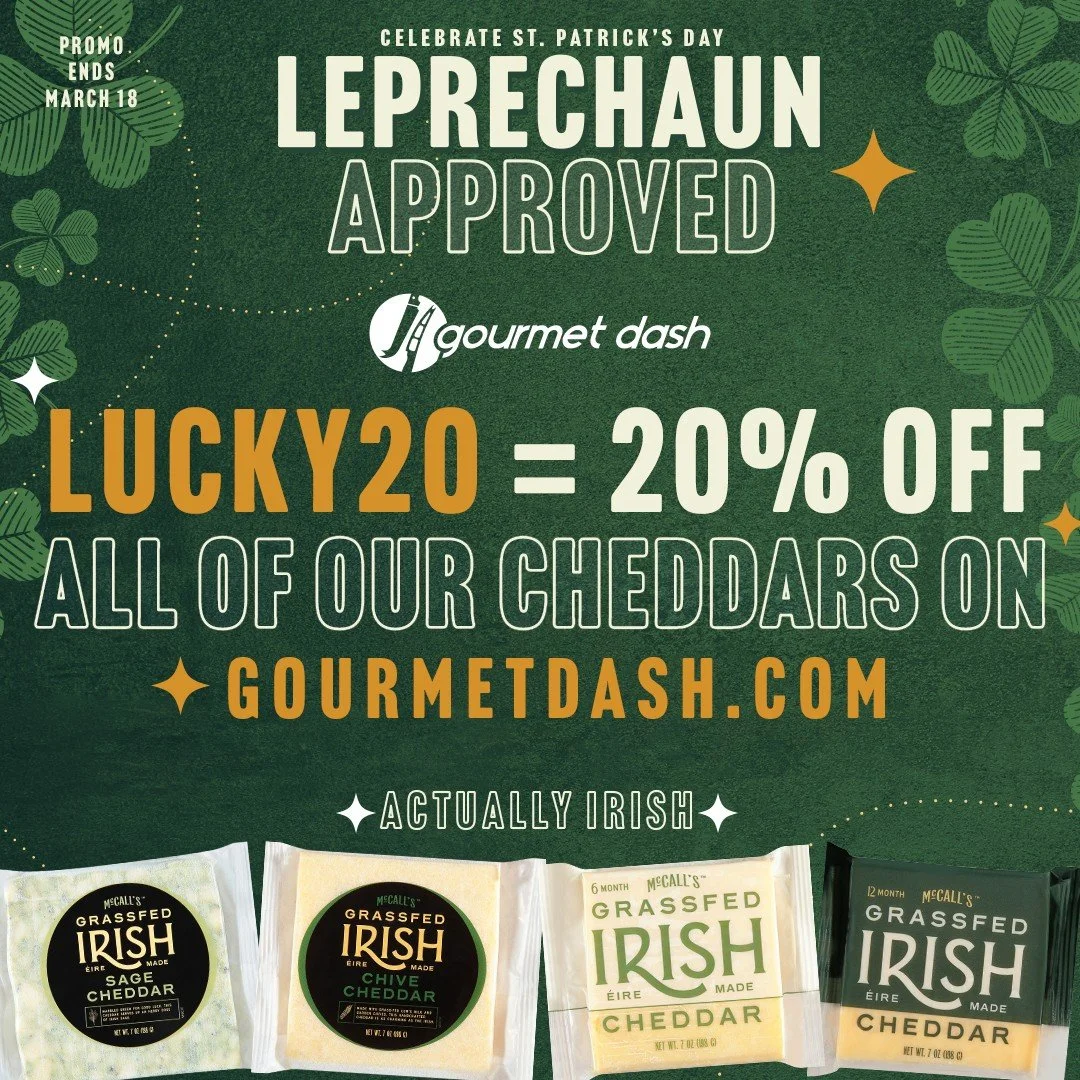 Consider this your March treat 🍀 Get 20% off all McCall&rsquo;s Grassfed Irish Cheddar varieties with code LUCKY20 on GourmetDash.com. Perfect for your St. Patrick&rsquo;s Day spread,  and &ldquo;just one more slice&rdquo; snack situations. 

Buy no