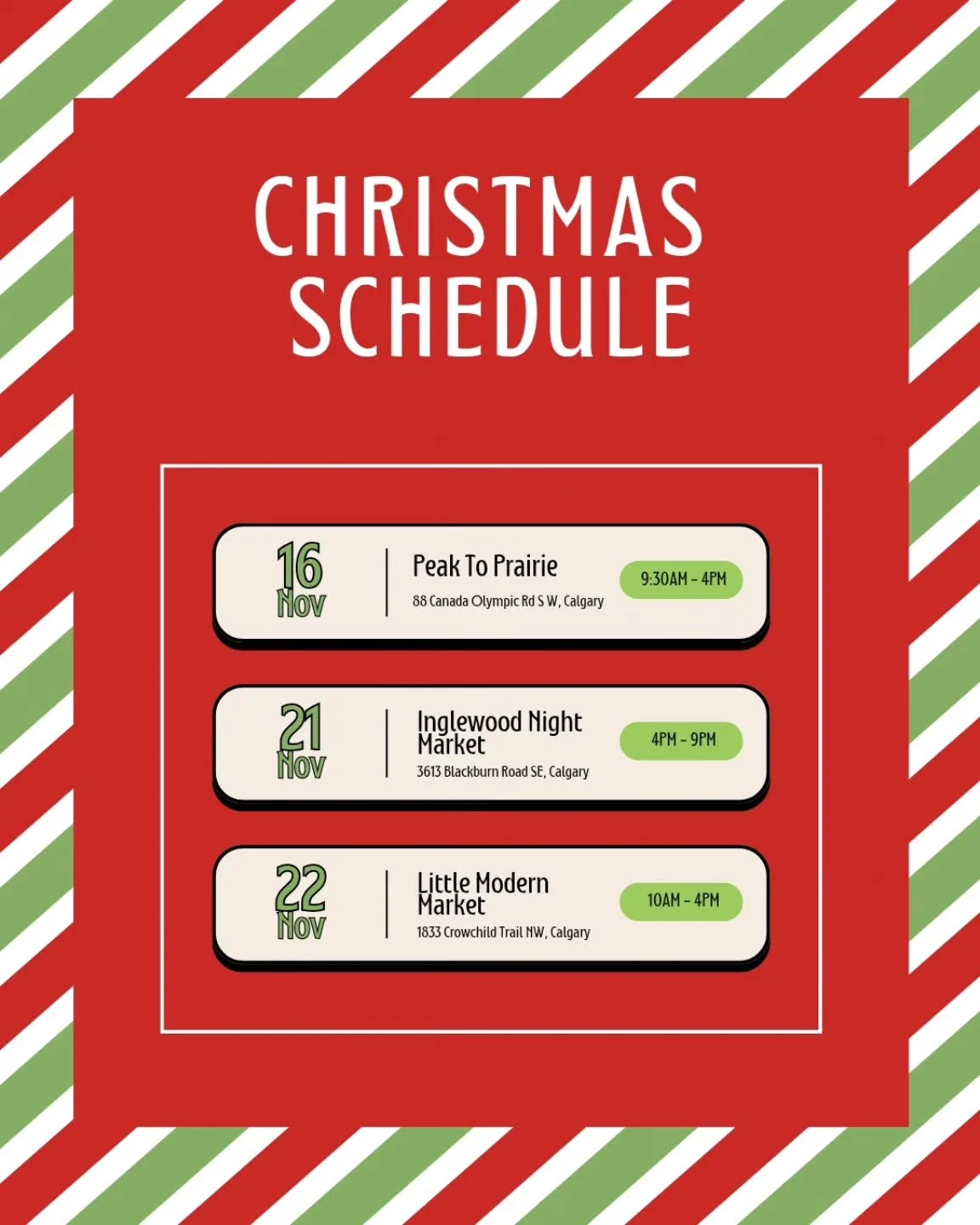 Current market schedule! Add these to your calendar amd come support local this holiday season ⛄️