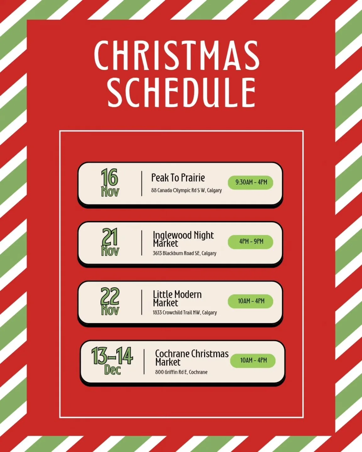 Updated Christmas market schedule! 
Excited to be at the @cochranefarmers Christmas market for the first time this year!
And the first market is this weekend at @peaktoprairiemarket 🎄